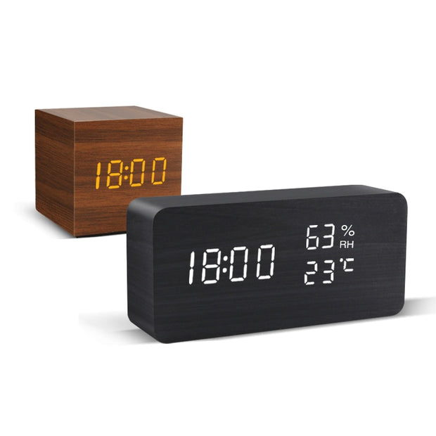 Alarm Clock LED Wooden Watch Table Voice Control Digital Wood Despertador