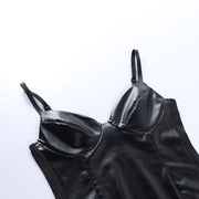 Pu Leather Bodysuit Women Sexy Hollow Open Underwear Solid V-neck