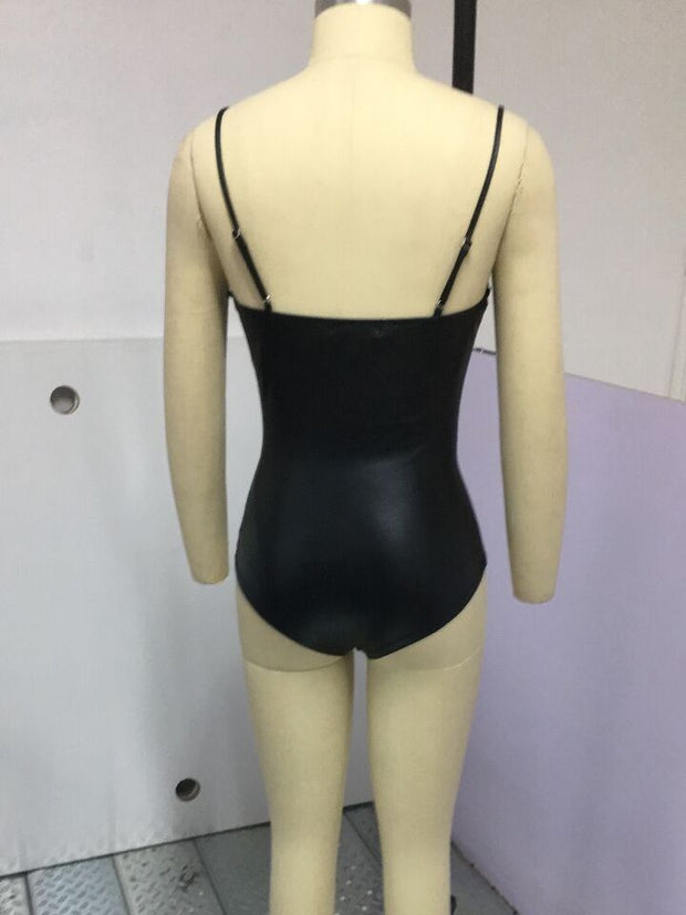 Pu Leather Bodysuit Women Sexy Hollow Open Underwear Solid V-neck