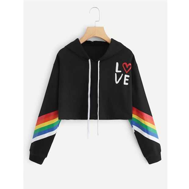 Hooded Short Rainbow Print Long Sleeve Sweater