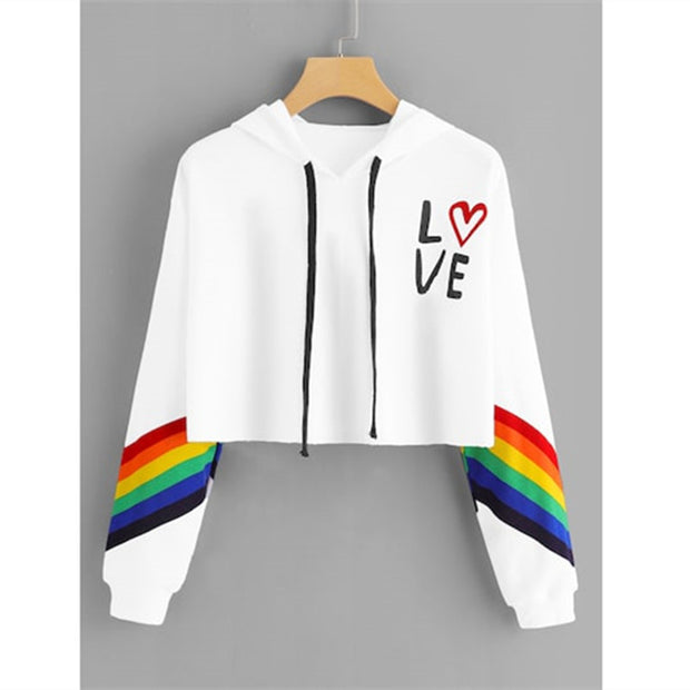 Hooded Short Rainbow Print Long Sleeve Sweater