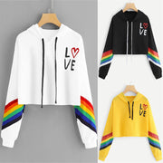 Hooded Short Rainbow Print Long Sleeve Sweater