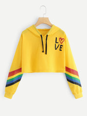 Hooded Short Rainbow Print Long Sleeve Sweater